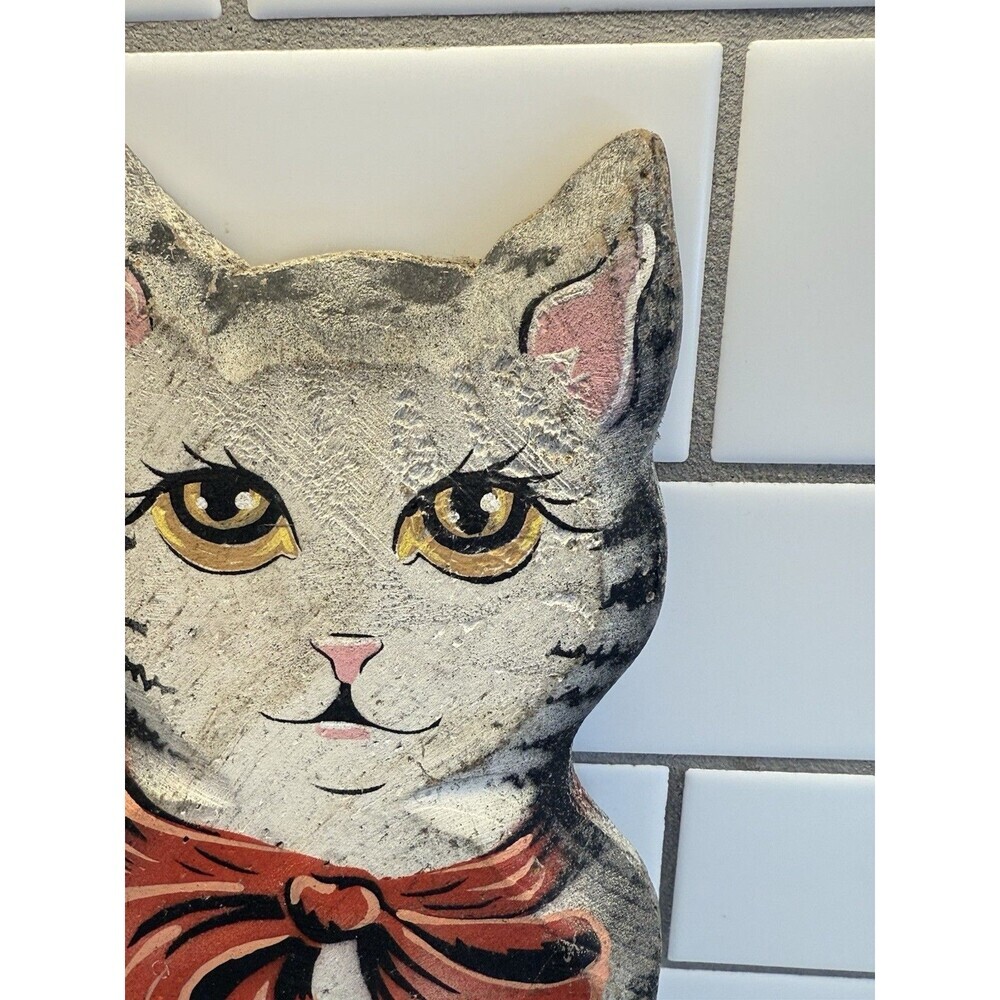 Hand Made Wood Cat 13" Tall Primitive Decor Painted Floral Folk Art Kitty Signed - Picture 7 of 13
